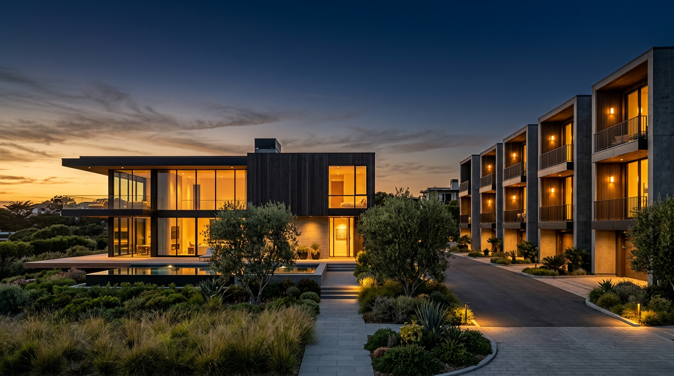 Modern residential homes with warm lit windows at dusk