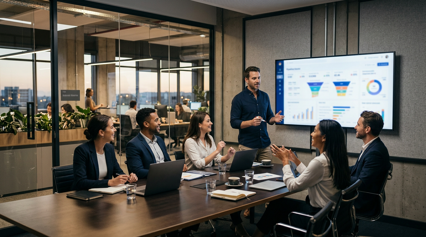 SaaS sales team reviewing a pipeline dashboard in a glass meeting room