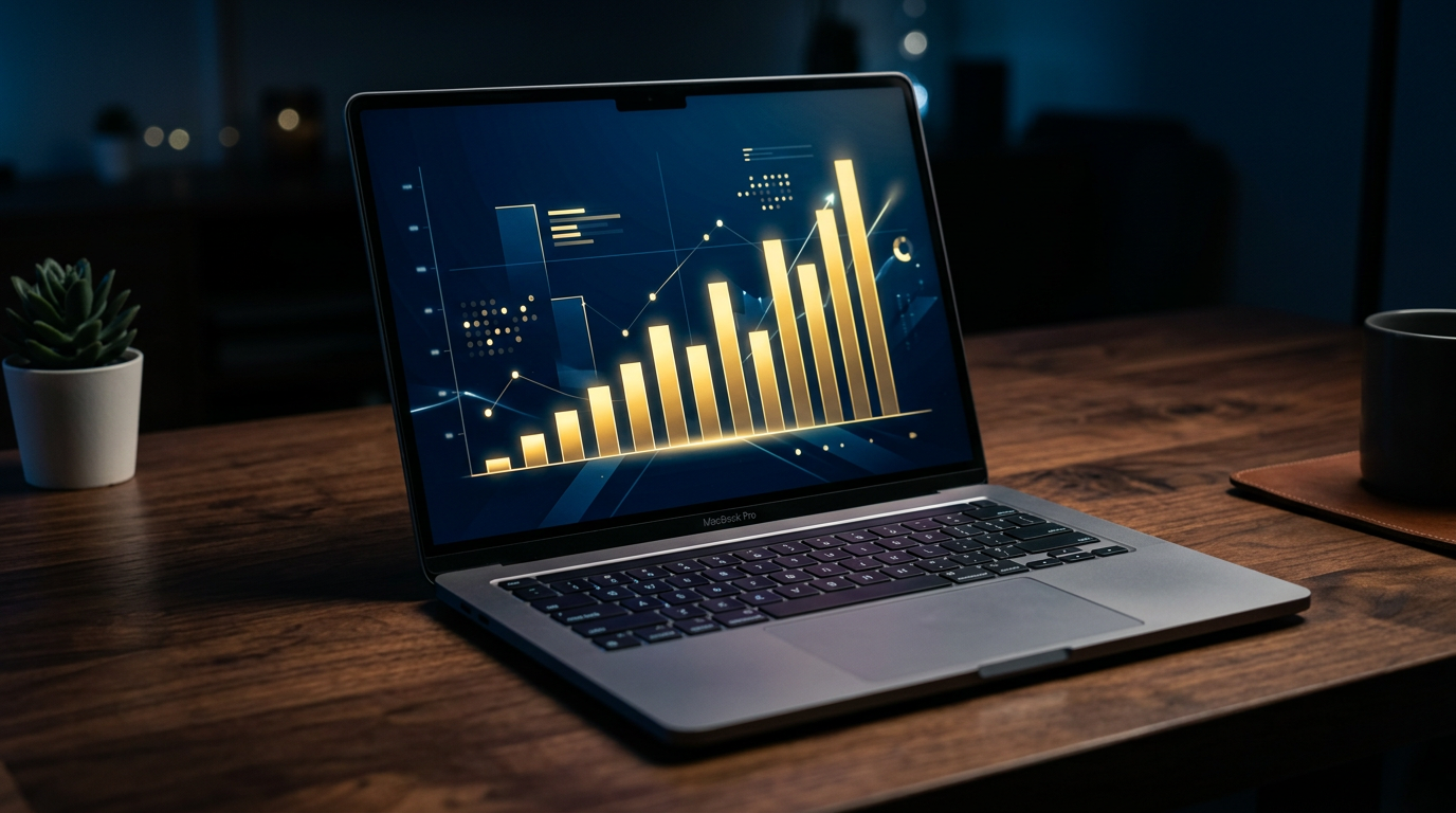 Laptop showing a lead generation analytics dashboard with rising charts